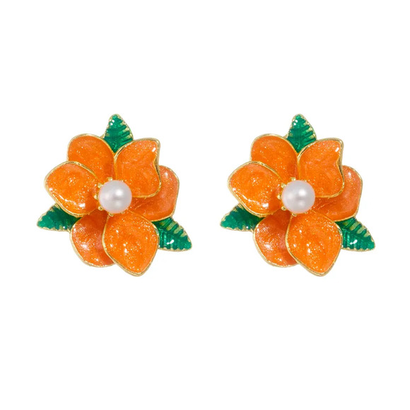 Orange Tropical Flower Enamel Earrings - Picture 1 of 3
